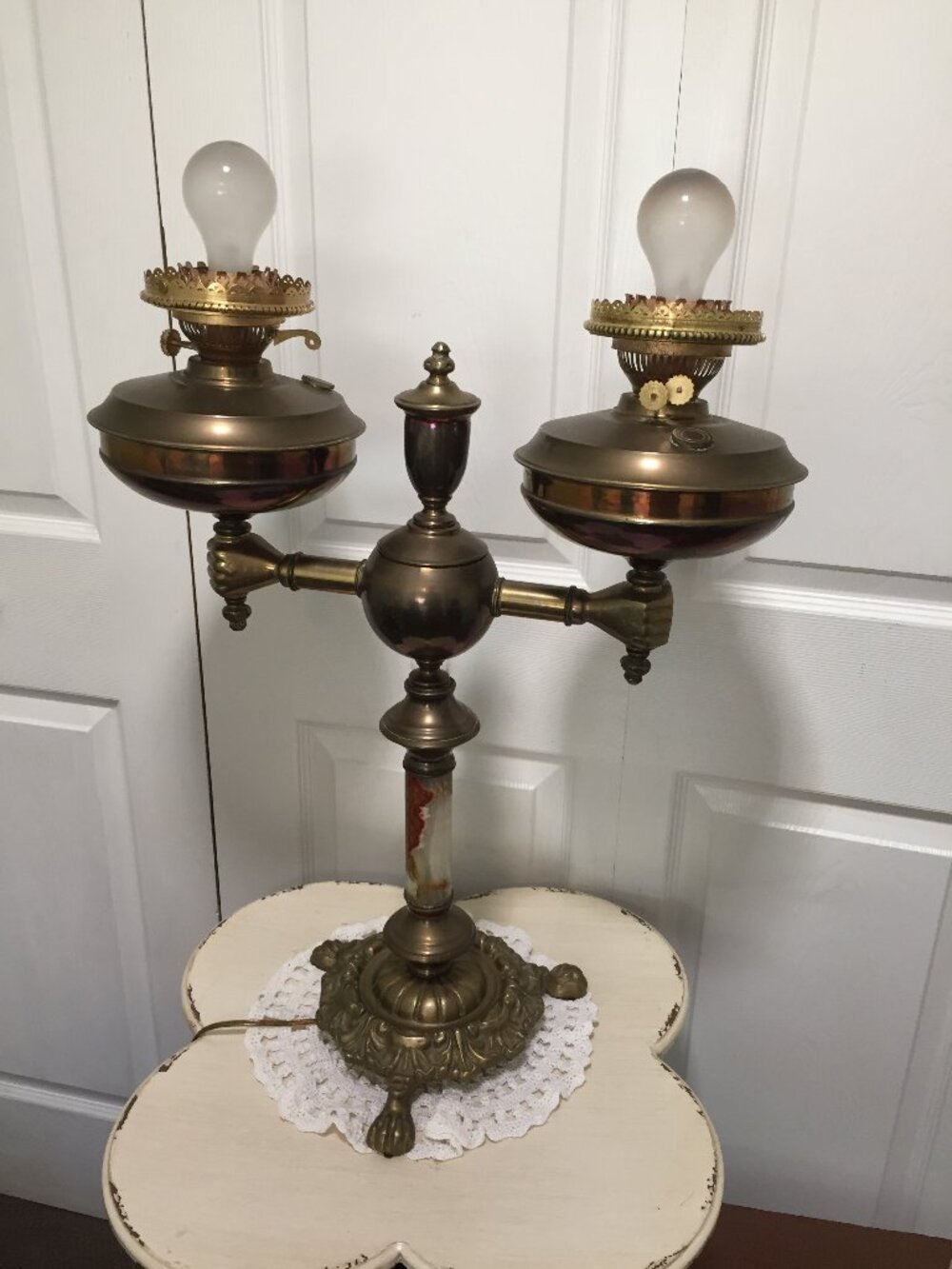 Antique 19th Century Brass/Onyx XL Student Lamp, Hands Holding Lamp Electrified